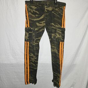mens camo skinny cargos with orange pin stripes & zipper ankle